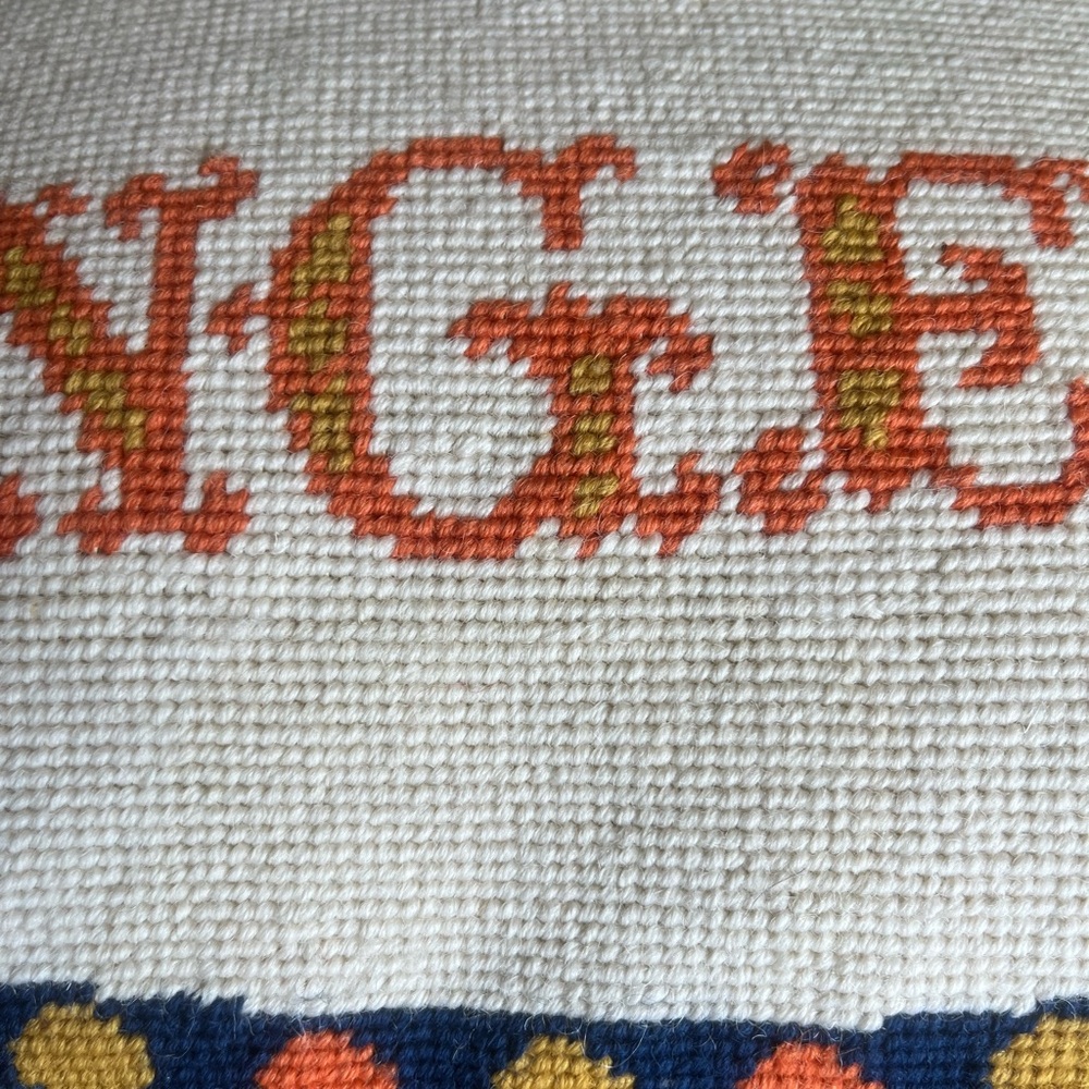 Jonathan Adler Needlepoint Pillow. “ANGER” Yellow, Blue, Orange & White 12 x 15” - Picture 2 of 8